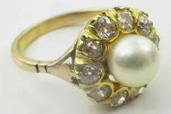 Vintage 14 karat Gold Cluster Ring, Pearl and old European cut Diamonds