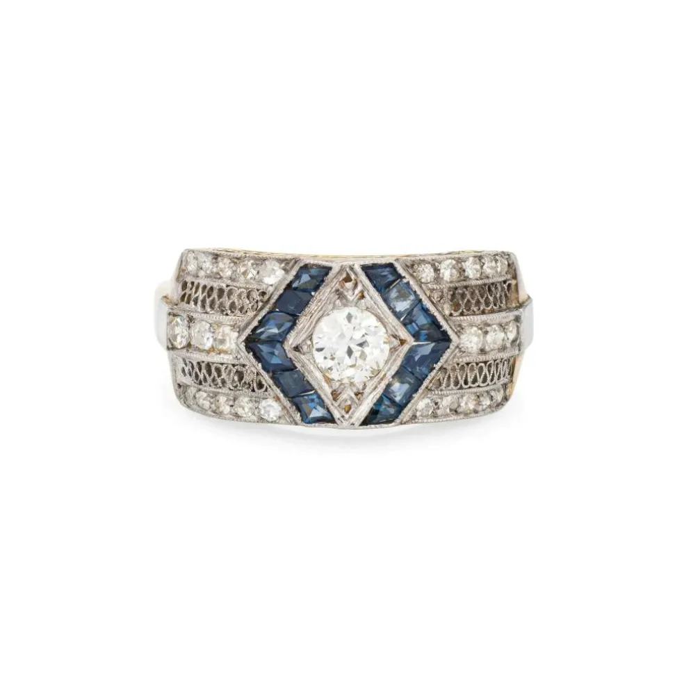 Vintage Art Déco Diamant Saphir Bague Or Platine