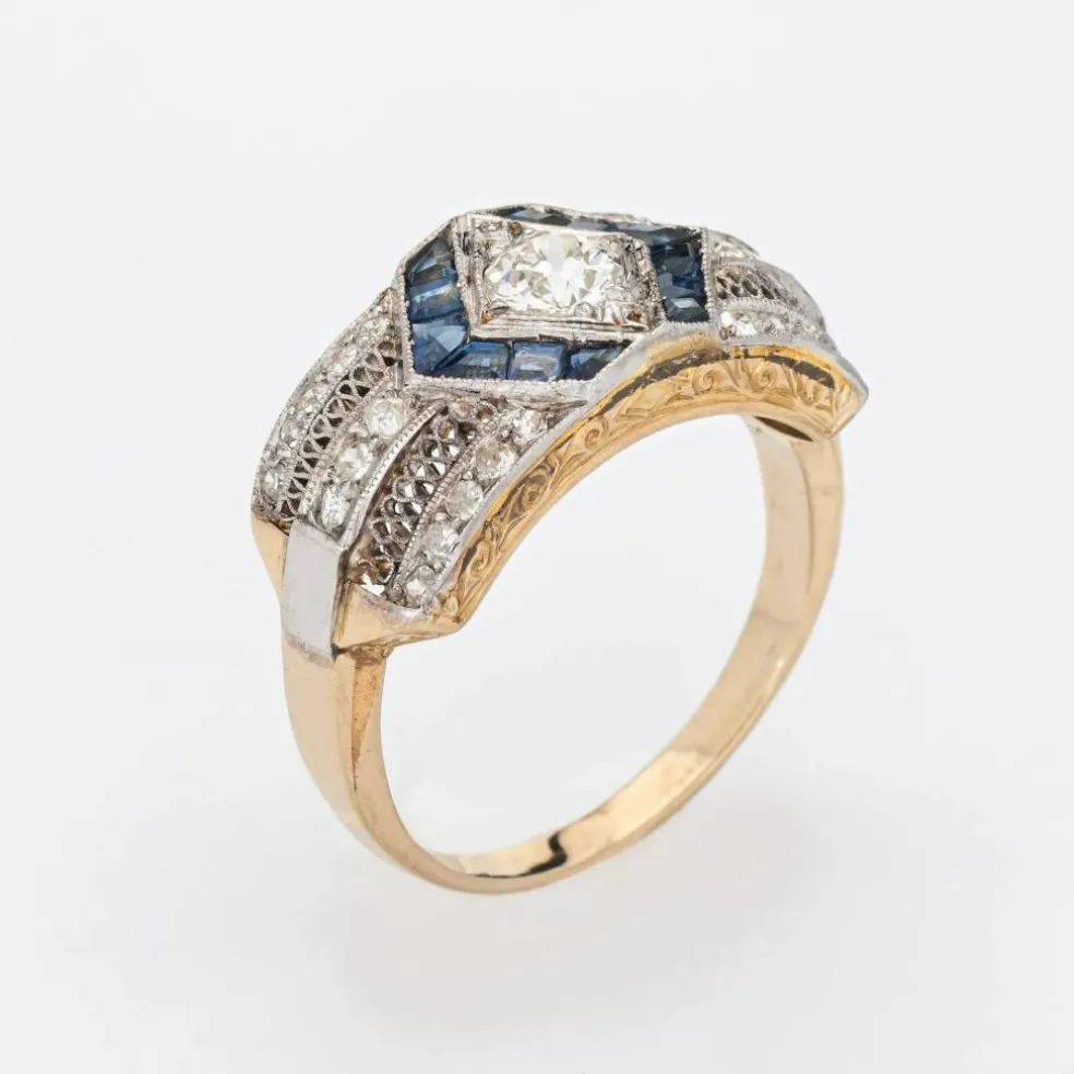 Vintage Art Déco Diamant Saphir Bague Or Platine