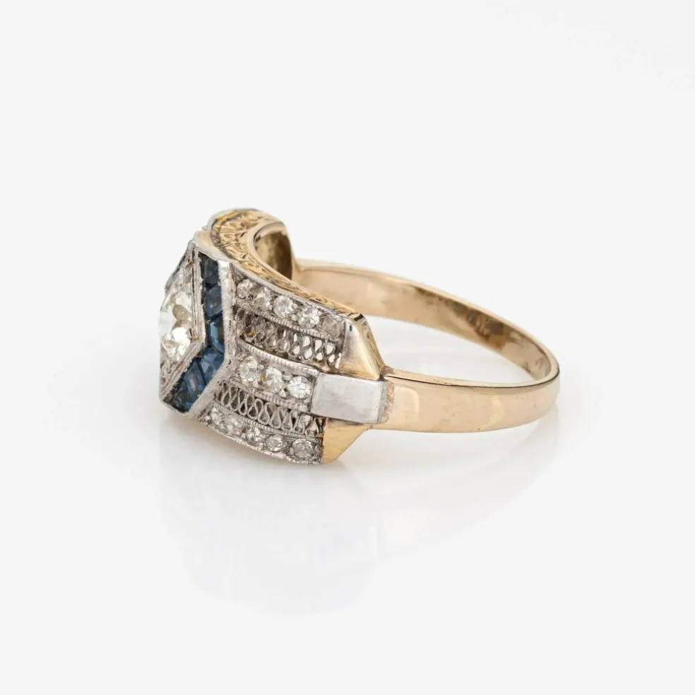 Vintage Art Déco Diamant Saphir Bague Or Platine