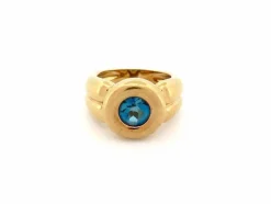 vintage bague double jonc 53 topaze bleu taille ronde or jaune 18k 10.8gr